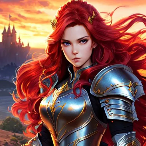Prompt: splash art of princess knight  wearing armor, beautiful, serious face, red hair, wavy hair, standing, fantasy, sugestive pose, detailed castle background, detailed armor, detailed accessoriess, hyperdetailed, cinematic shot, natural light, sunset, 64k, ultra hd