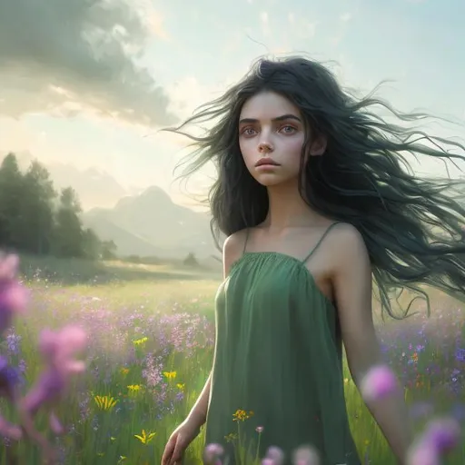 Prompt: High-resolution digital painting of a mysterious girl with black hair and piercing green eyes, walking through a serene field of wildflowers, detailed and flowing black hair, expressive green eyes, natural lighting, realistic digital painting, tranquil atmosphere, green-eyed girl, flowing hair, serene field, highres, detailed, realistic, digital painting, tranquil atmosphere, natural lighting