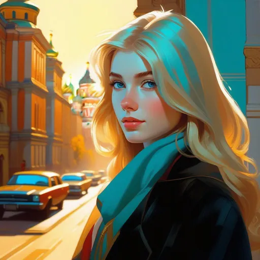 Prompt: Third person, gameplay, Russian girl, pale skin, blond hair, freckles, teal eyes, 1980s, Moscow, golden atmosphere, cartoony style, extremely detailed painting by Greg Rutkowski and by Henry Justice Ford and by Steve Henderson 