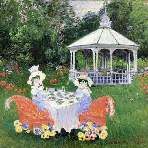 Prompt: a painting of a cottage-core tea party set outside in a flower garden with a white gazebo in the 1800s and the guests are cats in the style of Monet 