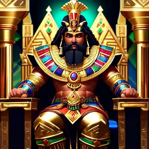 Prompt: A dark skin male Dwarven Pharoah wearing gold and blue and green and red ancient Egyptian/Roman/Aztec style pharoah's armor sitting on a gold throne in a pyramid. red hair, green eyes, lots of gold jewelry and black egyptian style makeup, red dwarven beard.