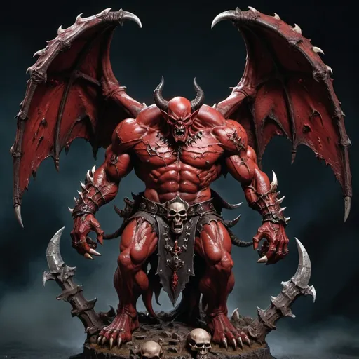 Prompt: Greater demon of Khorne in Warhammer fantasy RPG, towering and muscular, blood-soaked, terrifying and ferocious expression, standing on human skulls,  bat like spread wings, dynamic posture, high quality, detailed, dark fantasy, blood-red tones, dramatic lighting