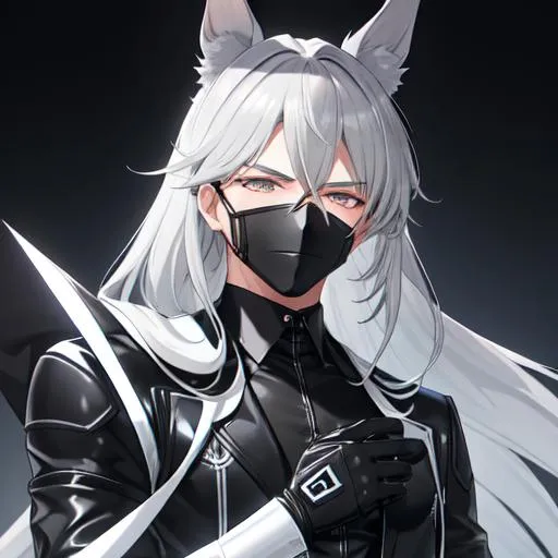 Prompt: Your OC is a little mangled horse, with gentle ash-gray eyes. He has long grey hair. Wearing a black latex suit with black gloves Masculine anime style. UHD, HD, 4K