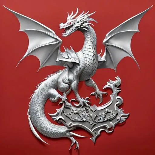 Prompt: #Tiel# heraldry, silver dragon on sanguine, perfect composition, hyperrealistic, super detailed, 8k, high quality, trending art, trending on artstation, sharp focus, studio photo, intricate details, highly detailed