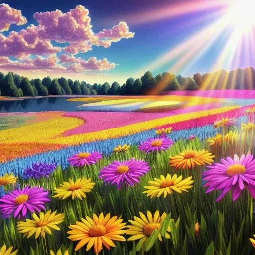 Prompt: Sun rays shining down over a field of multicolored flowers around a Lake, Vivid Colors, hyperdetailed, photorealistic, Beautiful Details, intricate Details, Colorful, Film Quality, 3D, 64K resolution, Dynamic Lighting, Sun Spot, Detailed Flower Peddles.