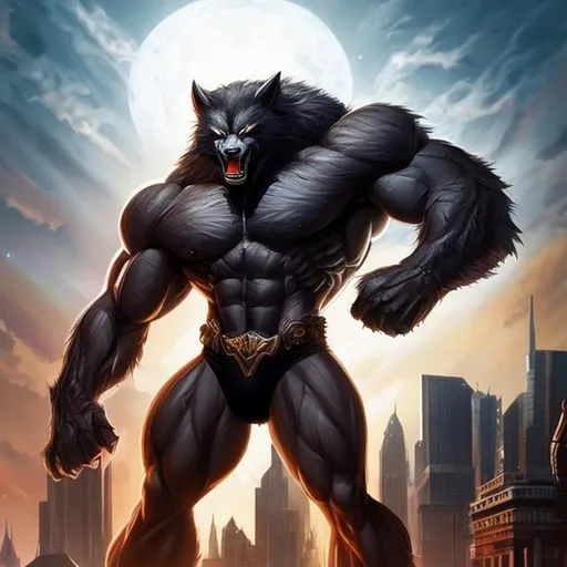Prompt: 
A handsome, muscular ,7000000 foot tall anthropomorphic werewolf bodybuilder with a wild v-taper and glowing eyes, looming over a city