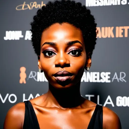 Prompt: beautiful black actress, afro, black dress, step and repeat banner