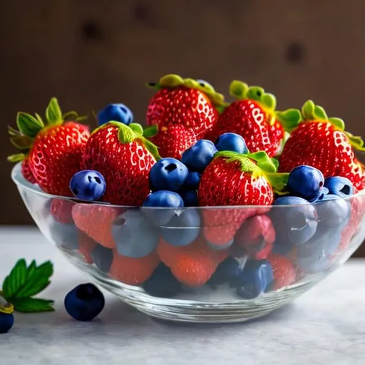 Prompt: Strawberries with white cream and blue berries in a glass bowl