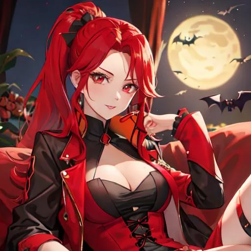 Prompt: Haley with bright red hair pulled back, Halloween, dressed up as a vampire