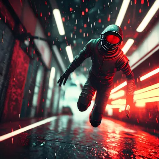 Prompt: red criminal in motion blur in glich style rainy day