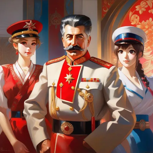 Prompt: Stalin meets anime girls, anime style, extremely detailed painting by Greg Rutkowski and by Henry Justice Ford and by Steve Henderson 