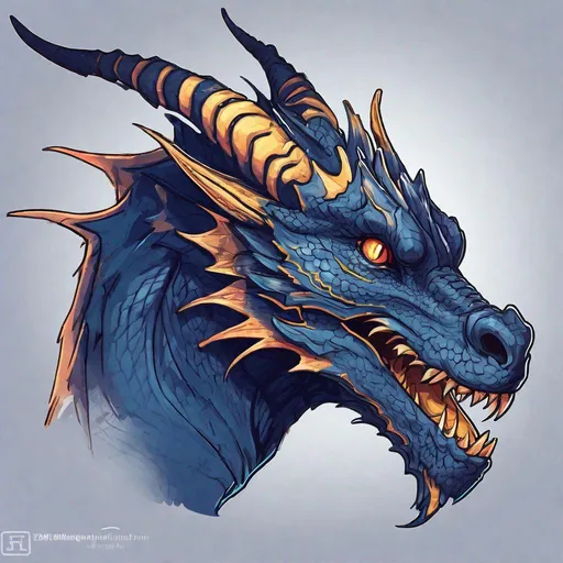 Prompt: Concept design of a dragon. Dragon head portrait. Side view. Coloring in the dragon is predominantly navy blue with subtle neon streaks and details present.