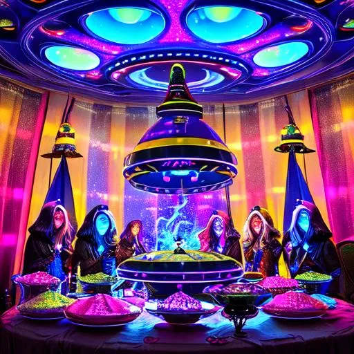 Prompt: Breathtakingly detailed Image of a UFO death cult members at a house party.  Colorful, Dark & striking image. Aesthetically Brilliant. Everything is perfectly to scale. Award winning.