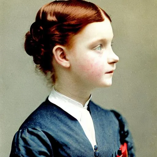 Prompt: Color portrait of a beautiful Victorian girl with red hair, dark blue eyes, and light freckles. Wearing a dark blue school uniform and a hair bow.