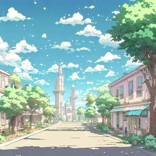 Prompt: a small town have not much tree and not have many facility but have people around and just like lovely town in anime style