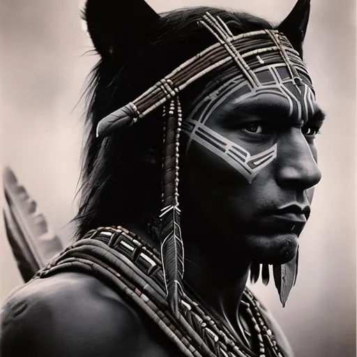 Prompt: Native American warrior with black Panther on his head portrait 