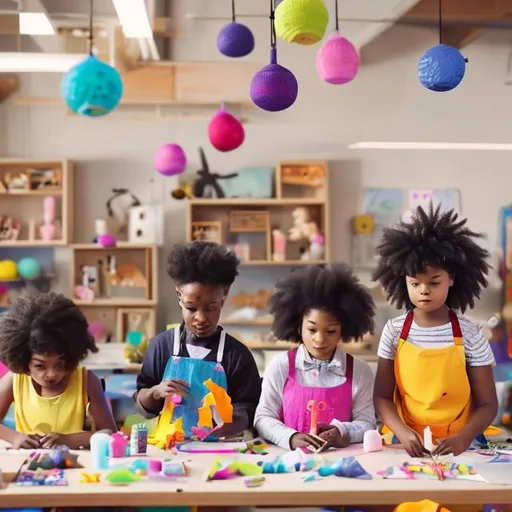 Prompt: Create an illustration of a young Black kids crafting. inside a craft classroom. hi-res. UHD, HDR. modern. ultra realistic. makers space. Ultra realistic. 3d rendering. 4k. ((masterpiece))