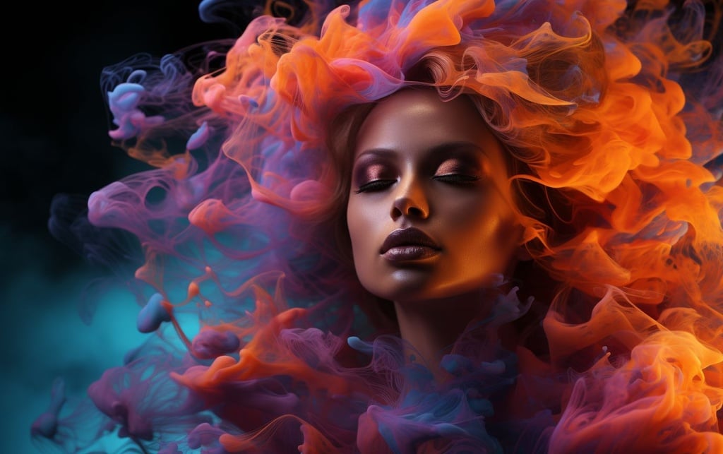Prompt: transparent girl made of colorful smoke and fire