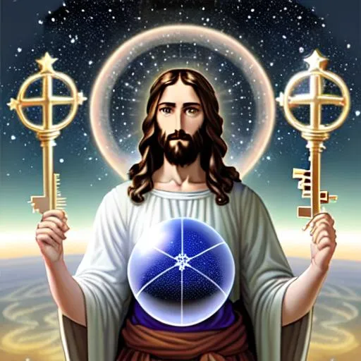 Prompt: Jesus holding a hypersphere and keys with stars and constalations.