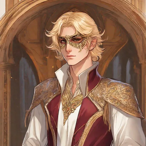 Prompt:  A beautiful elf young man. Blond hairs. He wears a venetian mask covering his eyes and nose. He is dressed in lavish Elizabethian court clothes.. Changeling the dreming art. Rpg art. 2d art. 2d.