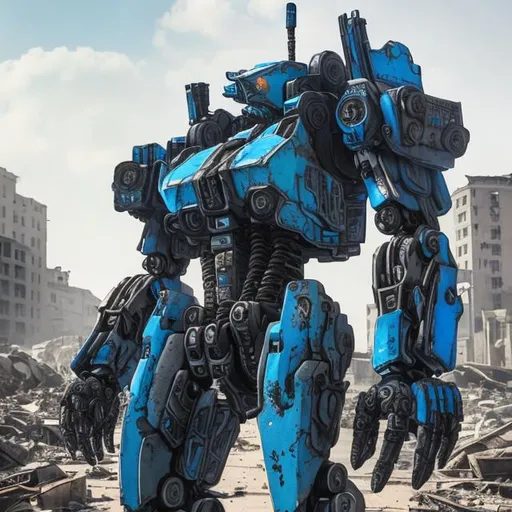 Prompt: super detailed portrait of a two legged blue painted (Battletech Mech) with fully full armor and articulated hands, standing in a ruined city, 8k