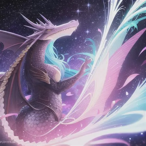 Prompt: A great dragon looking at a galaxy