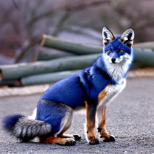 Prompt: Dark blue fox, white chest and front paws, grey stipes on hind legs and tail, white tips on his ears, human look and standing upright, wearing a black hoodie, oil painting, realistic