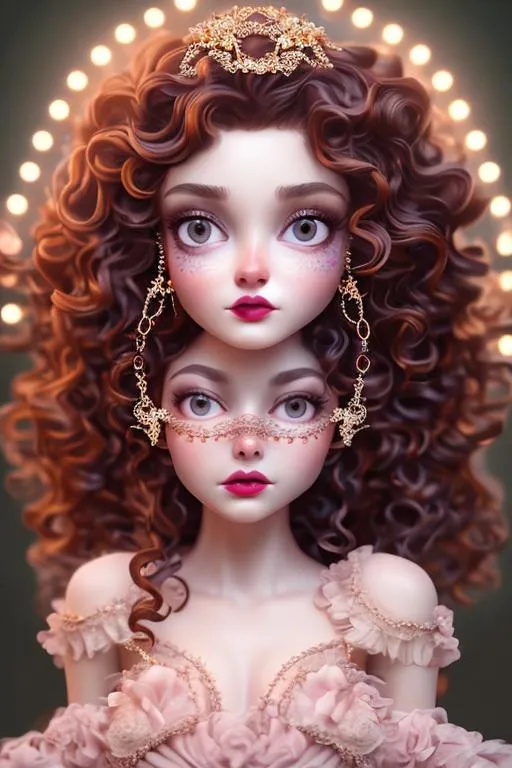 Prompt: Beautiful lady wearing long wine dress, AI, detailed features, animated, 8K, fair and glossy skin. Curly hair, neck chain set, Big eyes, baby pink lips, light make up.