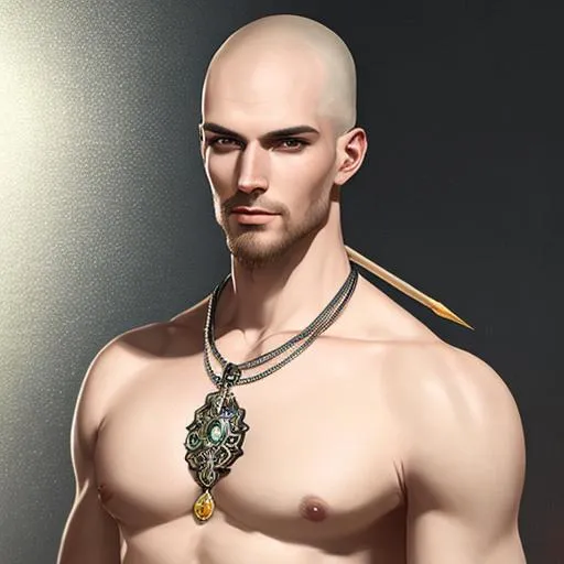 Prompt: fantasy, medieval, Tall man, slender, with pale yellow skin and brown eyes, and a shaved head, With a spear on his back, UHD, 8k, high quality, ultra quality, perfect composition, trending art, trending on artstation, sharp focus, studio photo, intricate details, cinematic lighting, special effects, hyper realism, hyper realistic, oil painting, Very detailed, high detailed face, high detailed eyes, full body, full view of character.