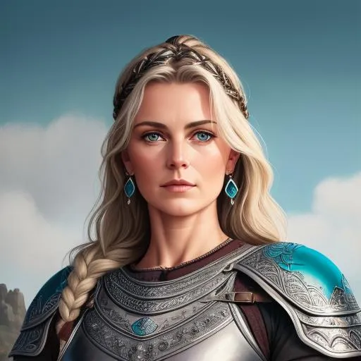 Prompt: Face Portrait of a epic character female fifty-year-old dansk heroine,  large chest, intricate physique, Grey viking hair, tanned capri-pants armour "authentic viking clothes"  "white tunic" oil painting style, Norse style, Caravaggio Style, high quality, masterpiece,  highres, beautiful, handsome, biceps, UHQ  oil on canvas, cyan and brown, neon, inksplatter, acrylic painting, dynamic pose, belts,
sandals, architecture background, dramatic lighting, divine proportions 
