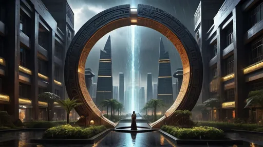 Prompt: magical portal between cities realms worlds kingdoms, circular portal, ring standing on edge, upright ring, freestanding ring, hieroglyphs on ring, complete ring, ancient egyptian architecture, gardens, hotels, office buildings, shopping malls, large wide-open city plaza, panoramic view, dark night, heavy rain, futuristic cyberpunk tech-noir setting