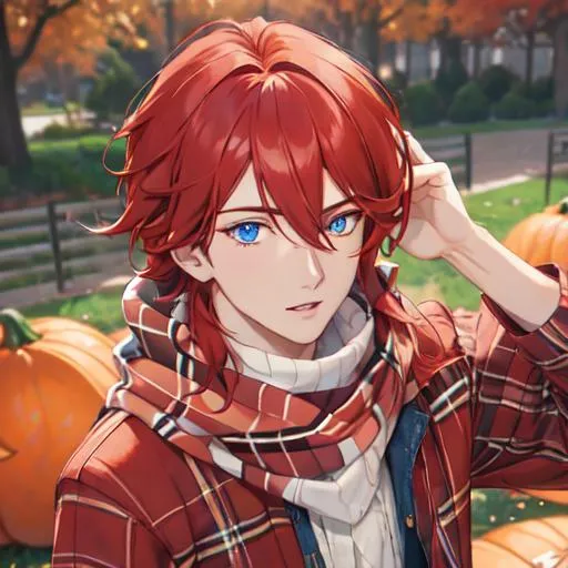 Prompt: Zerif 1male (Red side-swept hair covering his right eye, blue eyes), highly detailed face, wearing a cozy flannel shirt and a pair of stylish jeans. In the park, fall.  wearing a scarf, looking up at the sky, in a pumpkin patch, adult. Handsome,  detailed, UHD, HD, 4K, highly detailed, red haze, masculine, anime style