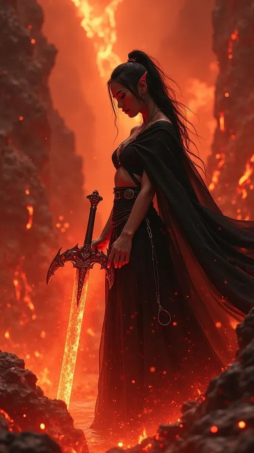 Prompt: hot asian elf girl, abyss sorceress, well endowed chest, fit, toned muscles, wearing black sheer cape that flows behind her, bathing in lava surrounded by a valley of flames, red etheral magic radiating from her hands displaying her infinite power, the legendary demon sword rising out of lava