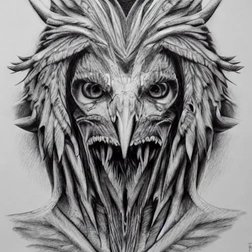 Prompt: Full body portrait, {hybrid creature part man part eagle} Graphite black and white Pencil Drawing, ultra detailed, detailed facial expression 