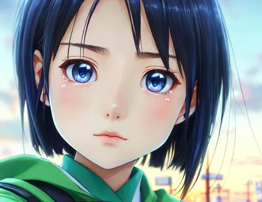 Prompt: UHD HDR Close-up Side View of Sad Young Schoolgirl, Shinobu Maehara, Looking Sideways. Dark Hair. Teary Blue Eyes. Green clothes. Hinata Street, Kanagawa. Soft Evening Sky Accentuating her Adorable cuteness. Kawaii