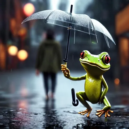 Prompt: A frog in a human attire and umbrella in a rainy day walking in the street, Hyper realistic, HD quality, 4k 