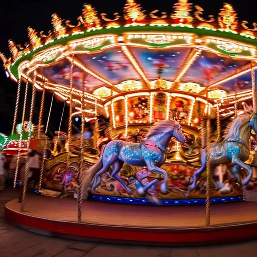 Prompt: A pristine and crazy carousel that is spinning very fast and a little out of control. Nobody is riding the carousel. The carousel is slightly off axis. This carousel is a ride at a carnival. It is nighttime with many stars in the sky. There is beautiful foliage in the background.