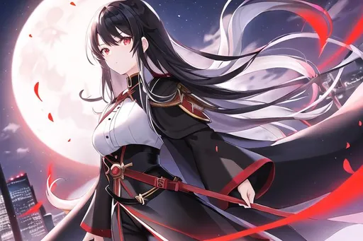 Prompt: female with medium-long black hair with a red ombre at the end, long black cape, light colour clothes, wearing white shirt and black pants, dynamic pose, standing in front of the moon, city in the background