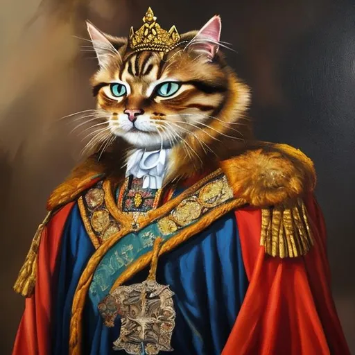 Prompt: An oil painting of a cat dressed as a king