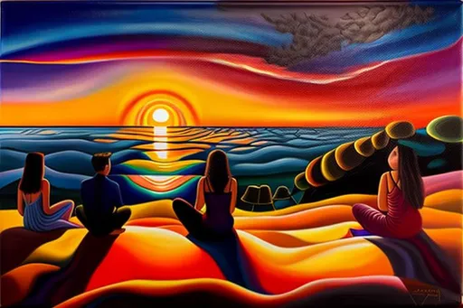 Prompt: Surreal oilpainting, colorful choices sunset singing together worried alone feelings outsider let me in