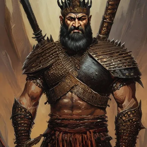 Prompt:    An oil painting portrays Gilgamesh as a  warrior in a fantasy setting, exuding a rugged and formidable appearance. The character showcases a robust and well-defined musculature, complemented by his black, cropped hair and neatly trimmed beard. Adorned in protective armor, he stands poised, while his attire features crimson clothing, adding a striking contrast to his overall depiction.                       