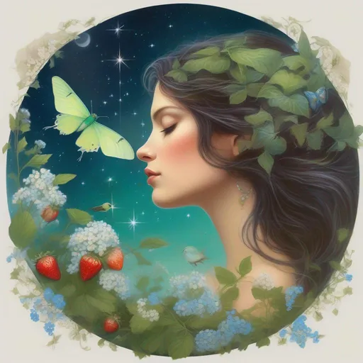 Prompt: A profile beautiful and colourful picture of Persephone with brunette hair and with a green Luna Moth, forget-me-not flowers, Baby's Breath flowers, a chickadee bird, animals and strawberry plants surrounding her, framed by the moon and constilations