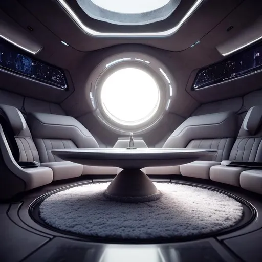 Prompt: night, light grey spaceship round interior with fountain big wood desk thick carpet, window view of void, futuristic, chillwave, cinematic lighting, photorealistic, ultra detailed
