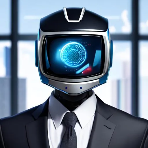 Prompt: A robot wearing business suit, but his head is a Television