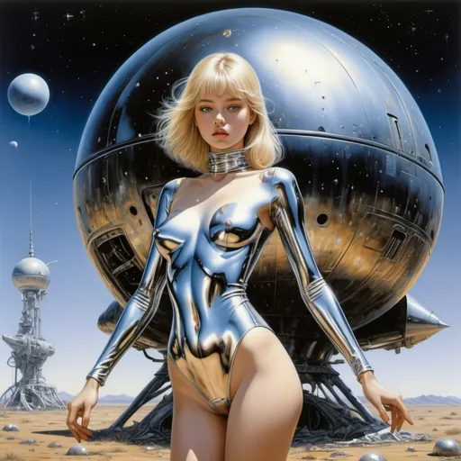 Prompt: Hajime Sorayama, Surrealism Mysterious strange fantasy. A beautiful girl with straight blond hair, wearing a metallic bodysuit pulled down below her shoulders, a perfect voluminous body. old, abandoned dead spaceship on a dead planet. , Meteor Shower, Detailed Masterpiece
