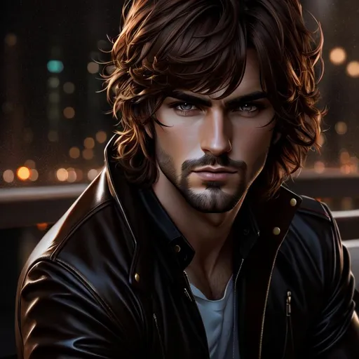 Prompt: oil painting, UHD, hd , 8k, , Very detailed, panned out view with whole character, male character, brown hair with bangs, hot, cool, menacing, realistic, handsome, stoic