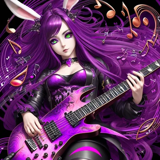 Prompt: beautiful freeform dark chaos vivid bold, 3D, HD, [{one}({liquid metal {one}{Rabbit}Guitarist, Beautiful big reflective eyes, long flowing hair]::2, (musical notes) with {purple gold pink green red silver blood}ink), expansive psychedelic background --s99500 
