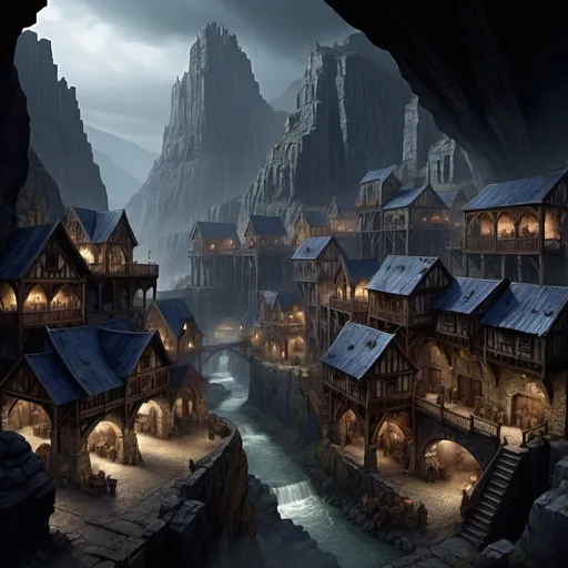 Prompt: Warhammer fantasy RPG town nestled in a deep gorge, omnious sky, dark night, raining, eerie atmosphere, various buildings, mining town, rugged and weathered stone buildings, sprawling marketplace bustling with activity, towering cliffs on either side, dramatic lighting with harsh shadows, gritty and realistic, highres, detailed architecture, bustling marketplace, dramatic lighting, rugged stone buildings, fantasy RPG, gorge setting, sprawling town, weathered structures, dark blue tones