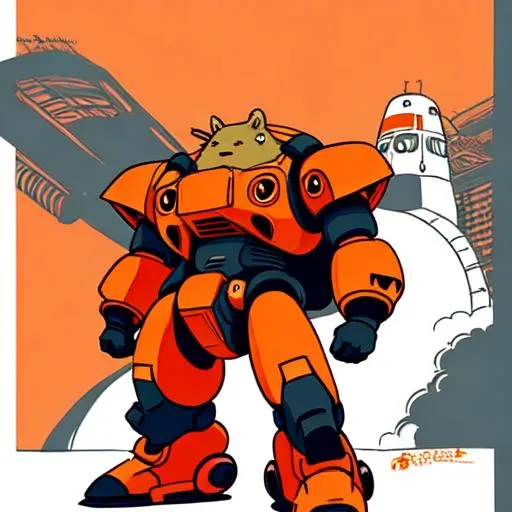 Prompt: Capybara wearing an orange Japanese mech suit, studio ghibli style flat illustration, colored, highly detailed, anime, manga