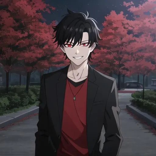 Prompt: Damien (male, short black hair, red eyes) in the park at night, grinning sadistically, casual outfit, dark out, nighttime